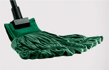 Green mop head on a black plastic mop handle